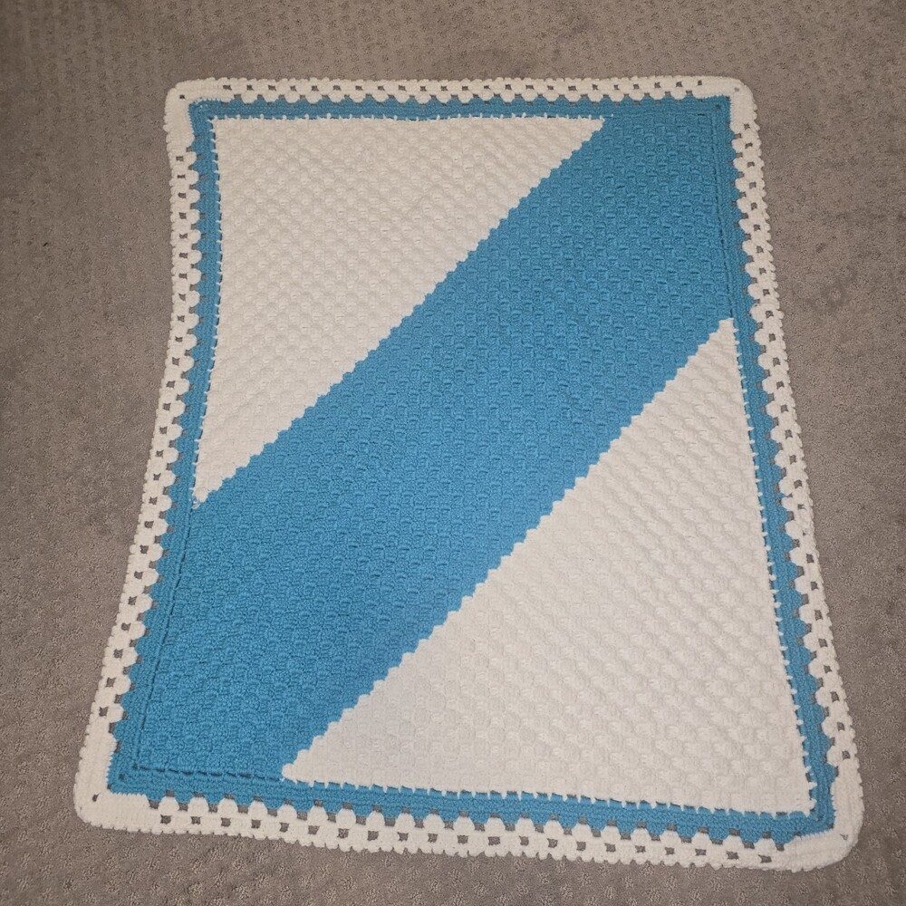 Vintage Handmade Crochet Afghan Lap Blanket Turquoise White 41x32 Retro